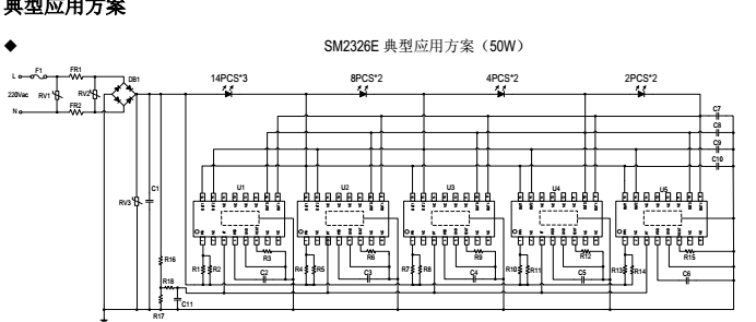 大功率投光灯5段线性高效率低THD优化电路SM2326E(图3) SM2326E典型应用方案50w